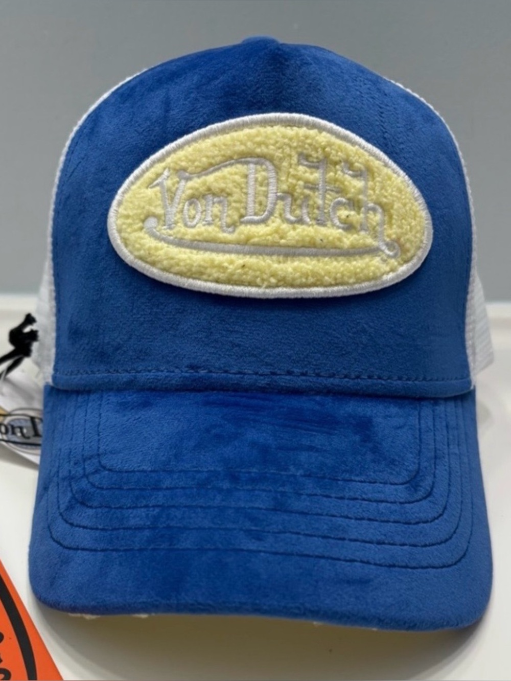 Von Dutch blue and yellow chenille trucker hat